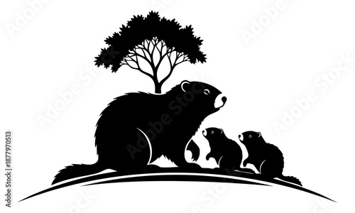 Black vector illustration of a beaver family, an adult and two young, under a tree. Symbolizes nature, wildlife, protection. Ideal for design