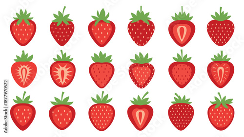 Set of eighteen different strawberry icons showing whole, halved, and sliced berries, ideal for fruit patterns and culinary designs.