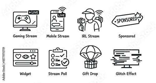 Digital streaming and interaction line icons set