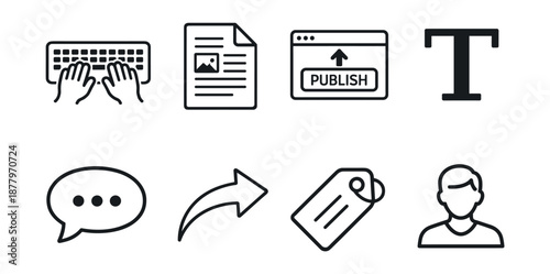 Online content creation and communication line icons set