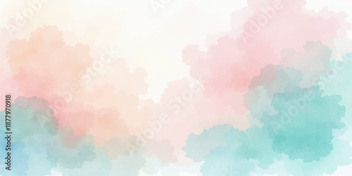 Abstract watercolor background featuring bright blue sky and fluffy white clouds with soft nature textures and beautiful sunlight splashes for a vintage heaven cloudscape