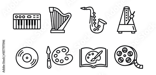 Music and art line icons set
