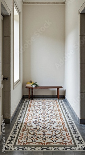 Elegant hallway with ornate floor tiles and wooden bench