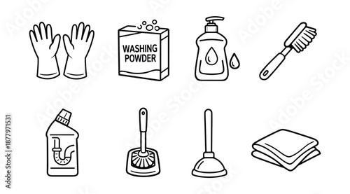 Cleaning supplies and tools line icons set