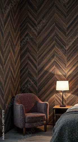 Cozy corner: brown armchair and lamp against chevron wood wall in modern room