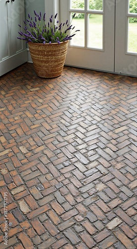 Rustic brick flooring in sunlit room with wicker plant basket near glass doors