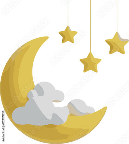 Yellow crescent moon with fluffy clouds and hanging stars on white background