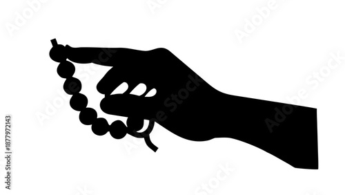 A silhouette of a hand holding a string of prayer beads, counting them one by one.
