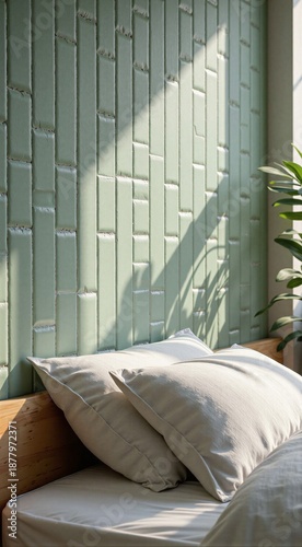 Sunlit bedroom with green textured wall and soft pillows