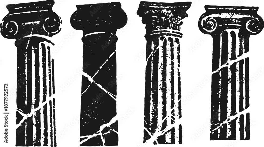 Naklejka premium Four ancient greek columns in distressed black ink style, classical architecture design with cracks