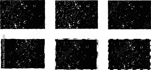 Set of six black distressed grunge rectangular texture overlays with worn and scratched effects