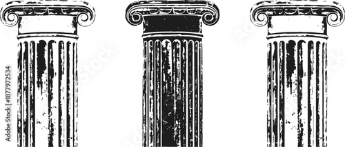 ancient greek ionic columns with fluted shafts and scroll capitals in black and white illustration