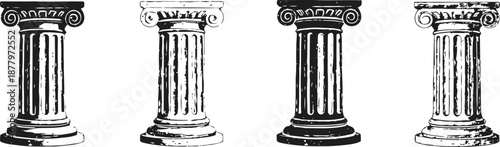 four black and white classical roman columns with detailed corinthian and ionic capitals
