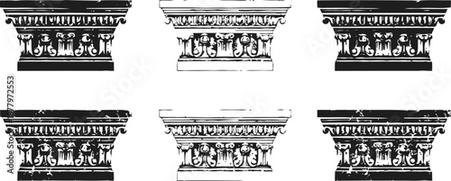 Classical corinthian capitals set ornate architectural elements, ancient greek and roman design details