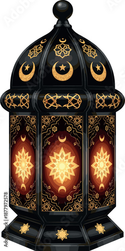 Ornate black Ramadan lantern with golden moon and star patterns vector illustration