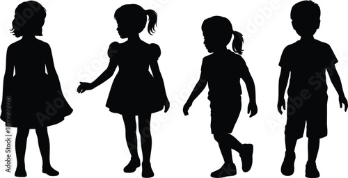 Silhouette collection of young children standing and walking, diverse group of kids vector set
