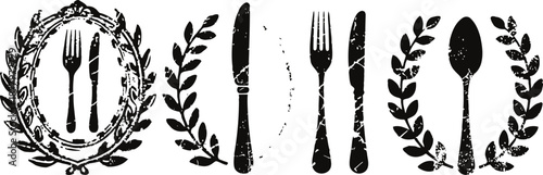 Vintage black and white cutlery illustrations with decorative ornamental wreath frames