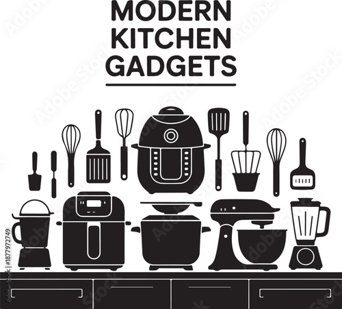 Kitchen icons, cooking appliance, food gadget, electric blender, mixer tool, air fryer, culinary equipment, home device