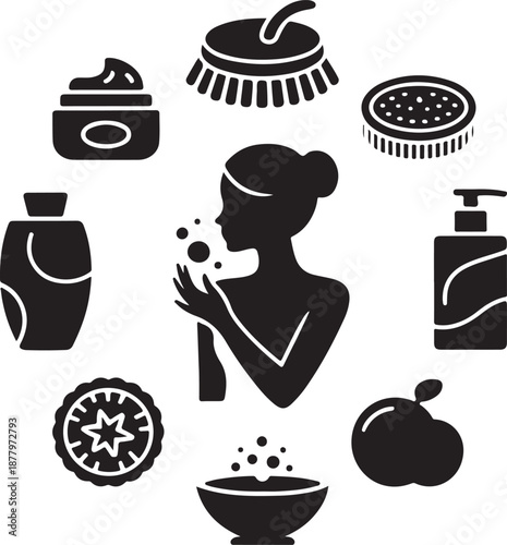 Beauty icons, skin care, woman face, cosmetic product, spa treatment, body washing, hygiene routine, natural wellness