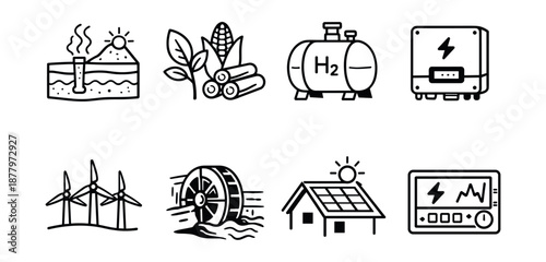 Energy and Power Generation Black and White Icons Set