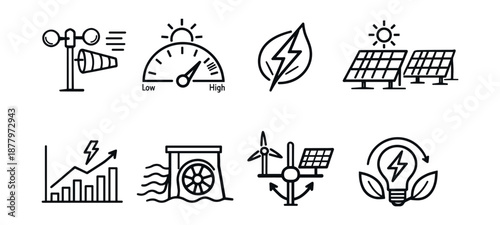 Renewable energy and environmental line icons set
