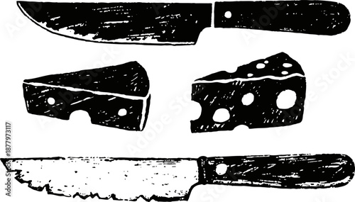 Vintage black and white illustration of knives and cheese wedges with holes