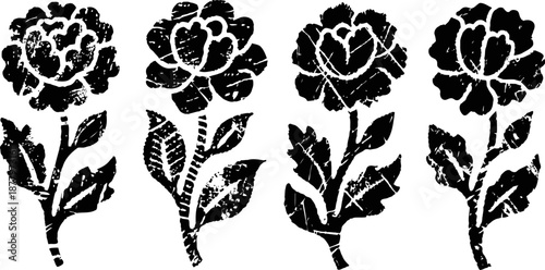 vintage floral stamp design with four stylized black blossoms on white background