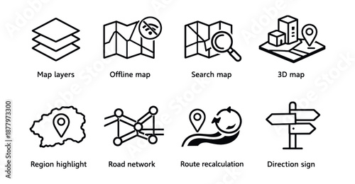 Map Functionality Line Icons Set