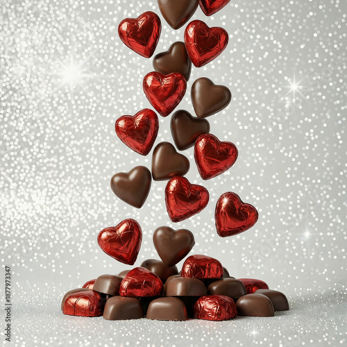 Falling chocolate hearts on a silver glitter background, valentine’s day sweetness and festive concept