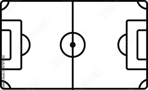 A simple black and white illustration of a soccer field viewed from directly above with clear markings and goals at each end