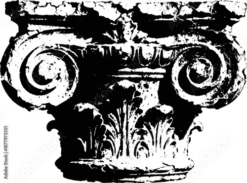 Ancient ionic column capital with volutes and detailed acanthus leaf carvings in black and white