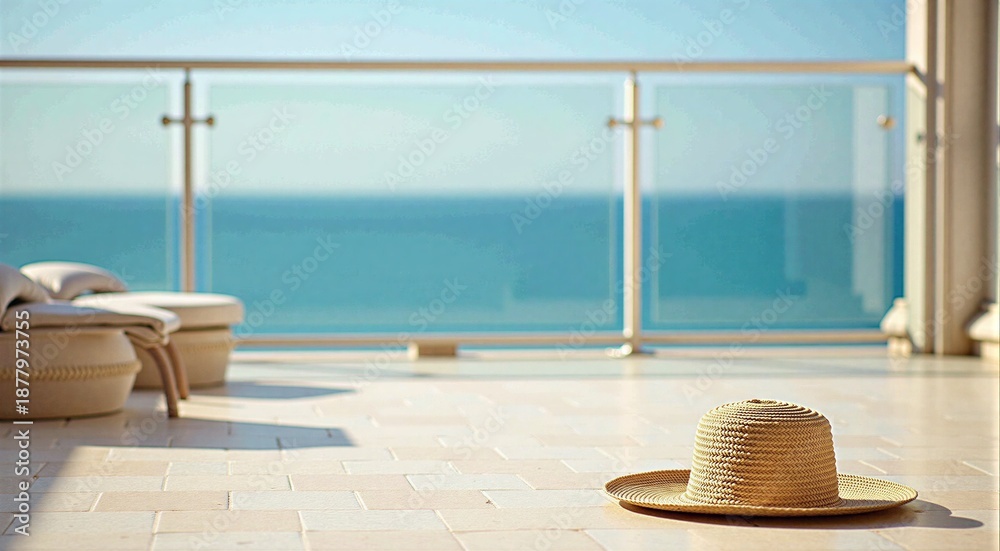 Obraz premium Serene oceanfront balcony with straw hat on sunlit terrace