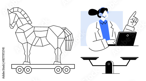Cybersecurity, hacking, online fraud prevention, justice, decision-making, remote work. a Trojan horse, balance scale and woman with laptop. Cybersecurity and hacking highlighted