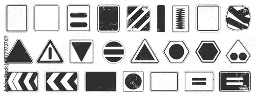 Grunge geometric frames set, featuring distressed textures and rough shapes, ideal for posters, labels, urban graphics, vector illustration