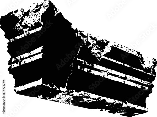 Broken concrete block with peeling paint and textured rough edges isolated on white background