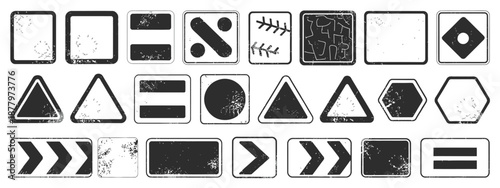 Grunge geometric frames set with distressed textures, rough shapes for posters, labels, and urban graphic design, vector illustration