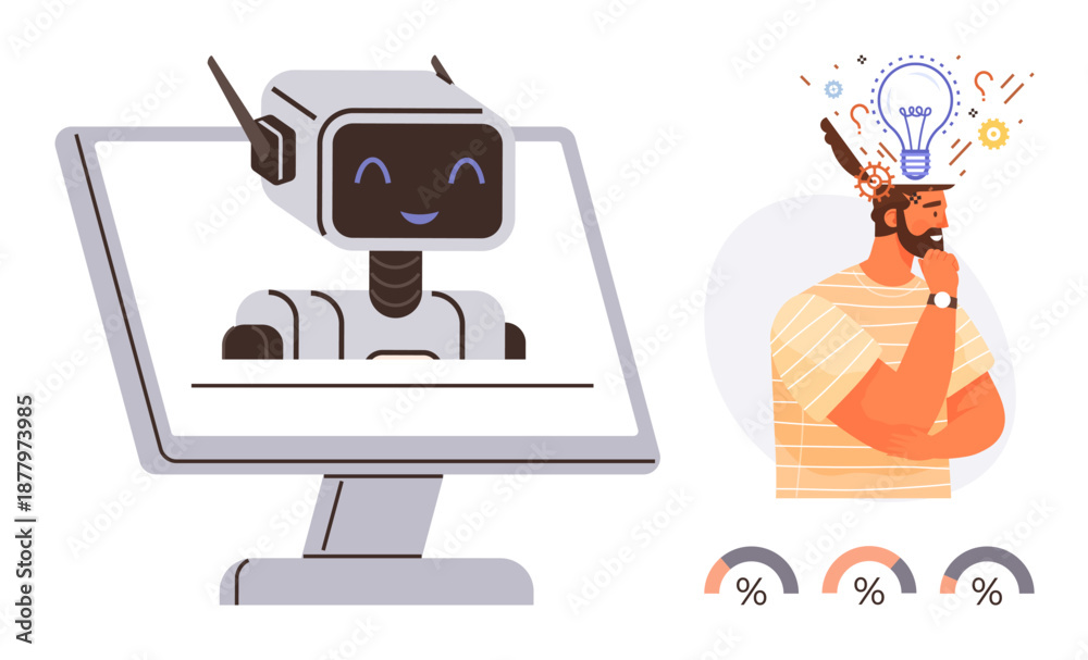 Obraz premium Artificial intelligence, chatbots, innovation, creativity, technology, problem-solving. Robot smiling on a computer screen, man with ideas illustrated as a lightbulb. Artificial intelligence