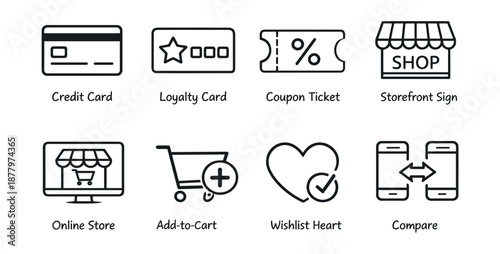 Shopping and e-commerce line icons set