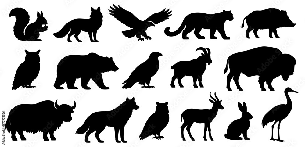 Obraz premium Wild animal silhouettes showing forest species in simple poses. Black animal figures for nature and wildlife themes