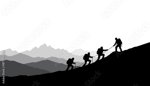 Mountain climbers silhouettes helping each other during ascent. Scene symbolizing teamwork, support, and achievement