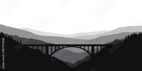 Bridge silhouette crossing deep valley with layered mountains behind. Scene expressing connection and engineering achievement
