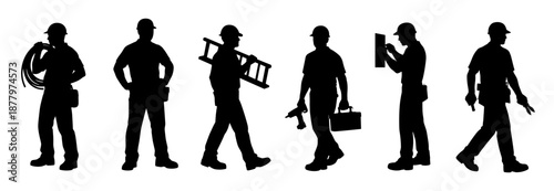 Professional people silhouettes showing construction and building activities. Black human figures working with equipment and construction tools