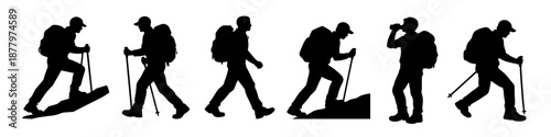 Hiking people silhouettes walking with backpacks in nature. Black human figures showing outdoor travel and exploration activity