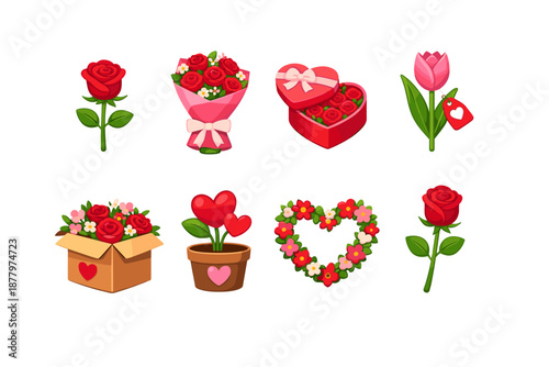 Romantic floral cartoon icons set