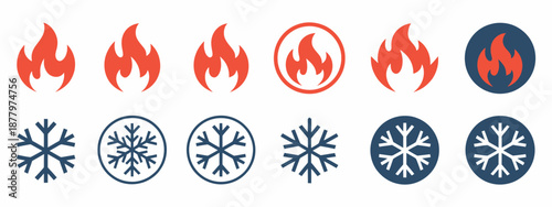 Hot and Cold Temperature Icon with Fire and Snowflake Symbols in Vector Design