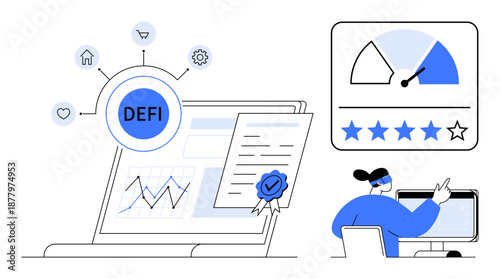 Decentralized finance DEFI. DEFI blockchain technology, performance rating systems, and digital certifications. DEFI transforming finance, blockchain, cryptocurrency, fintech innovation, data
