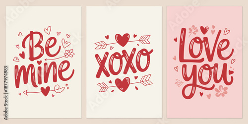 Three Valentine's Day Cards with Red Text and Heart Decorations