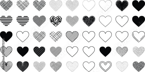 Hand drawn black heart icon mega set with halftone, sketch, striped and outline styles isolated on white background vector illustration
