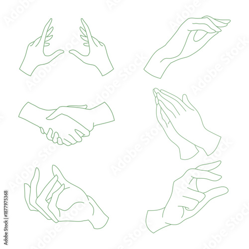 Partnership hand gesture collection. Vector green line art of shaking hands clapping and holding for business concept design