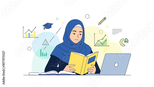 Young woman wearing hijab studies diligently with books and laptop surrounded by educational and financial graphics showing learning and growth